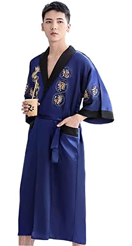 Bon amixyl Bademantel Unisex Japanischer Chinesischer Drachen Pyjama Cardigan Kimonos Schlafzimmerkleid aus Satin Bademantel, blau, M von Bon amixyl