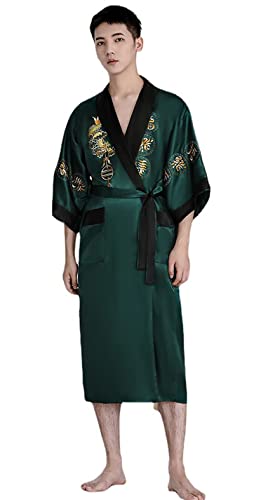 Bon amixyl Bademantel Unisex Japanischer Chinesischer Drachen Pyjama Cardigan Kimonos Schlafzimmerkleid aus Satin Bademantel, grün, XXL von Bon amixyl