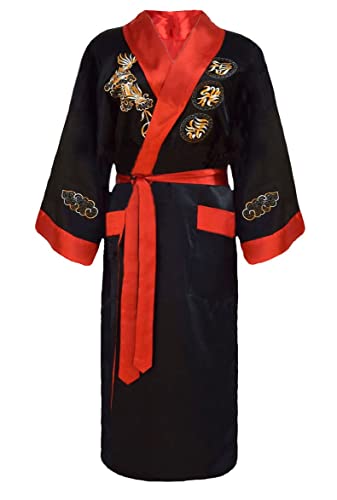 Bon amixyl Bademantel Unisex Japanischer Chinesischer Drachen Pyjama Cardigan Kimonos Schlafzimmerkleid aus Satin Bademantel, rot, XXL von Bon amixyl