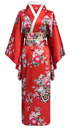 Bon amixyl Japanischer Kimono für Damen, traditionell, junge Dame, Yukata mit Kleid, Cosplay, Bademantel satiniert, rot, 38 von Bon amixyl