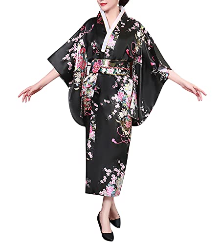 Bon amixyl Japanischer Kimono für Damen, traditionell, junge Dame, Yukata mit Kleid, Cosplay, Bademantel satiniert, Schwarz , 38 von Bon amixyl