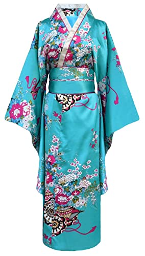 Bon amixyl Japanischer Kimono für Damen, traditionell, junge Dame, Yukata, mit Kleid, Kostüm, Cosplay, Bademantel aus Satin, blau, 38 von Bon amixyl
