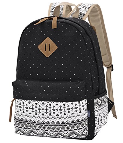 Mode Schulranzen, Jungen und Mädchen Schulrucksack , Damen Segeltuch Rucksack, Teenager' Schulranzen, Reise Casual Bag, Freizeit Daypacks mit schicke Spitze und weißer Punkt (Polka Punkt Schwarz)… von Bon amixyl