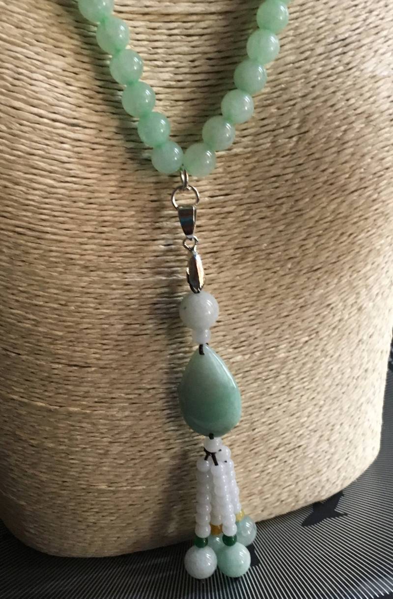 Jadeit Jade 4 "Hängender Anhänger 100% Natürliche Fei Cui Grüne Auf Lite Green 8mm Perlenkette 17" #648 von BonAmiJewels