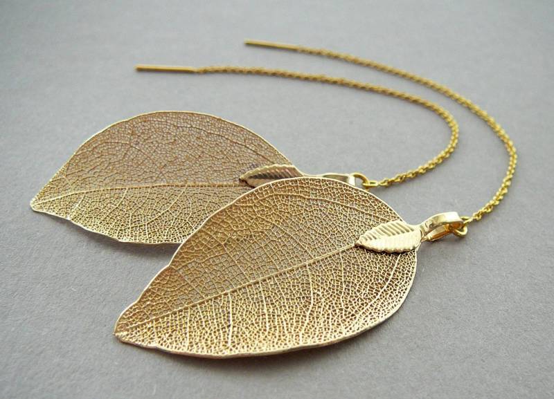 Echtes Blatt Ohrringe Gold Kette Naturschmuck Für Mädchen Schmuck Boho Chic Geschenk Blattgold Frauen Geschenkidee von BonBonStones