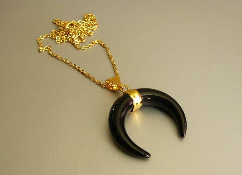 Schwarz Horn Halskette Anhänger Halbmond Onyx Halsketten Doppel Schwarz von BonBonStones