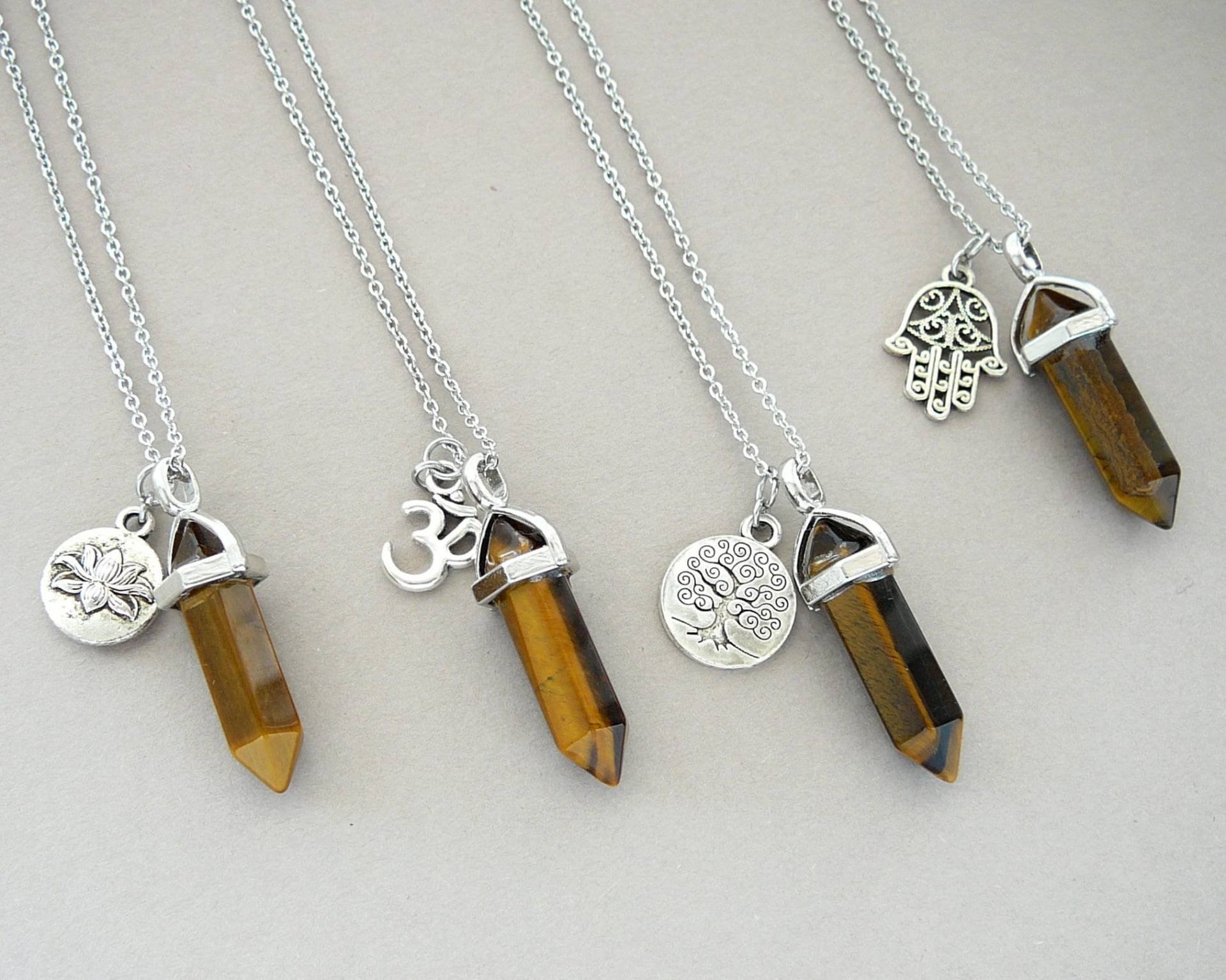 Tigerauge Halskette, Lotus Kristall Punkt Anhänger, Om Baum Des Lebens Yoga Schmuck, Geschenk Für Männer Frauen von BonBonStones