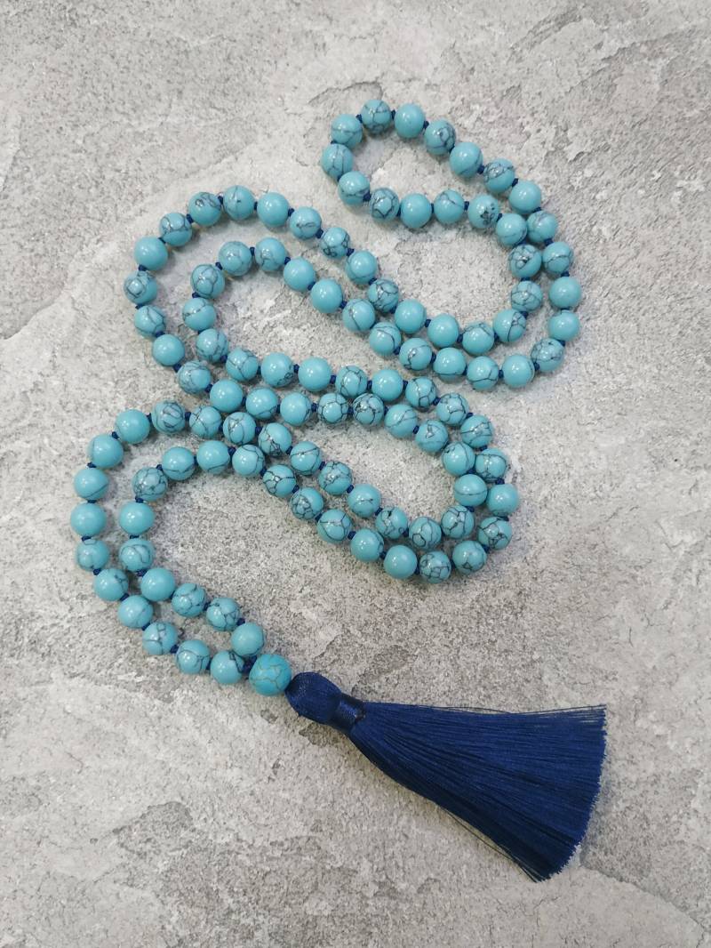 Türkis Mala Kette Howlith 108 Handgeknüpfte Blau Quaste Yoga Geschenk Schmuck Gebetskette von BonBonStones