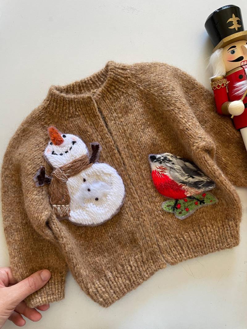 Weihnachtsstickerei Applikationen Set - Schneemann Und Rotkehlchen Vogel, Handgestickte Aus Wolle von BonBonnetStore