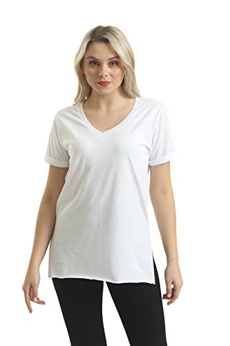 Bonateks, Damen T-Shirt, V-Ausschnitt, Schlitz, 30/1 Gekämmter Single-Jersey-Stoff, Bequemer, Weiß, Größe: S von Bonateks