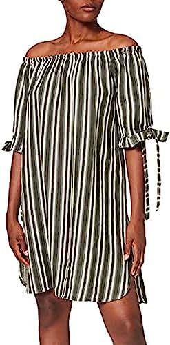 Bonateks, Kurzes, Gestreiftes Kleid Mit Bootskragen Und Geknoteten Ärmeln, 100% Leinen, De-Grösse:38 Us-Grösse:M, Leichtes Khaki - Hergestellt In Italien von Bonateks