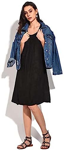 Bonateks, Langes Kleid Mit Rundem Kragen, Vorderen Falten Und Kurzen Ärmeln, 100% Leinen, De-Grösse:40 Us-Grösse:L, Schwarz - Hergestellt In Italien von Bonateks