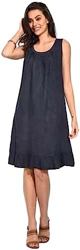 Bonateks, Rüschenkleid Mit Mittlerer Länge, Rundem Kragen Und Vorderen Falten, 100% Leinen, De-Grösse:36 Us-Grösse:S, Marine - Hergestellt In Italien von Bonateks