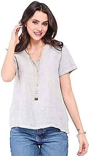 Bonateks, Verblasstes Top Mit V-Ausschnitt Und Kurzen Ärmeln, 100% Leinen, De-Grösse:36, Us-Grösse:S, Oberteile, Hellgrau - Hergestellt İn Italien von Bonateks