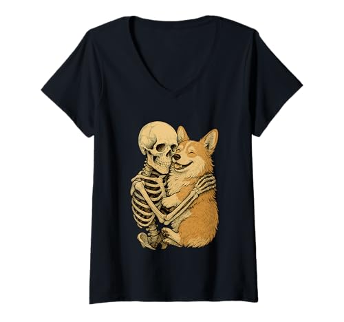 Damen Skelett Umarmung Corgi Gothic Dog Lover T-Shirt mit V-Ausschnitt Damen Skelett Umarmung Corgi Gothic Dog Lover T-Shirt mit V-Ausschnitt von Bond Artwork