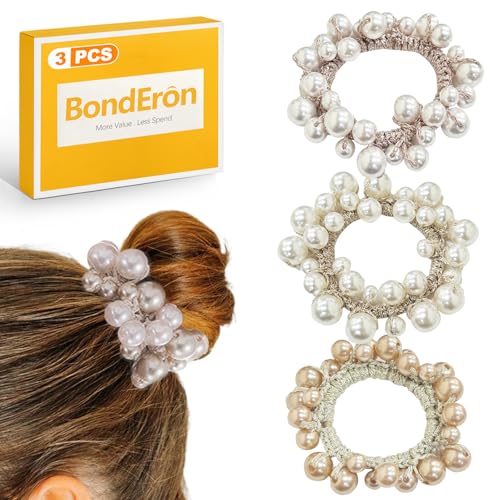 BondEron 3 Stück Elegante Glitzer Perlen Haargummis Set, Elastische Zopfgummis mit starkem Halt, Modischer Haarschmuck für Frauen Mädchen von BondEron
