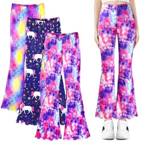 BondEron Flare Hose für Mädchen 3er Set | Weiche Stretch-Tanzhose mit Wellensaum | Fantasievolle Einhorn & Meerjungfrau Motive, Größe 116-128 von BondEron