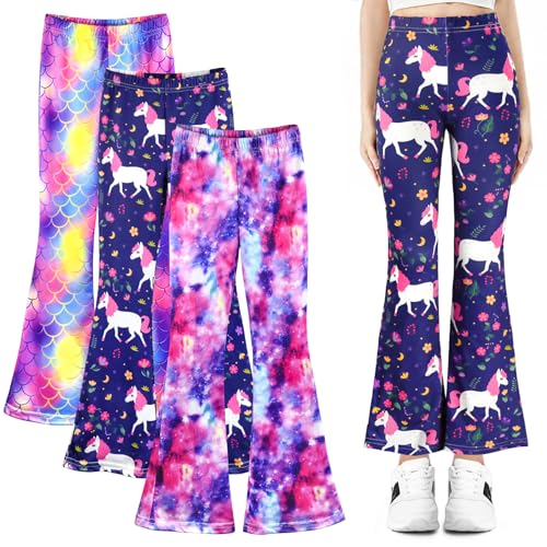 BondEron Mädchen Schlaghose im praktischen 3er Set | Modische Stretch-Leggings mit weitem Bein und vielfältigen farbigen Drucken | zum Chillen und Treffen mit Freunden, Größe 146-158 von BondEron
