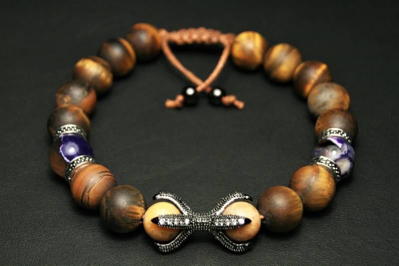 Herren Tigerauge Armband Drachenklaue, Lila Achat, Energieschild von BondMall