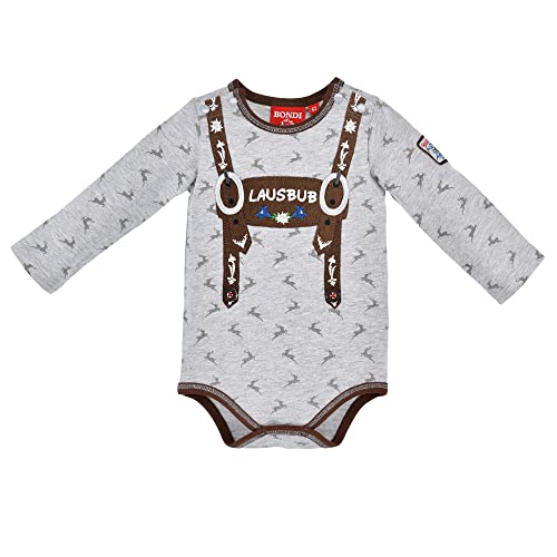 BONDI Baby Body Langarm Grau-Melange Lausbub mit Hosenträger Applikation - süßer Trachtenlook, Gr. 62 von Bondi