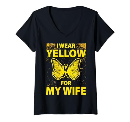 Damen Ich trage Gelb für das Bone Cancer Warrior Design meiner Frau T-Shirt mit V-Ausschnitt von Bone Cancer Warrior Apparel Design Power