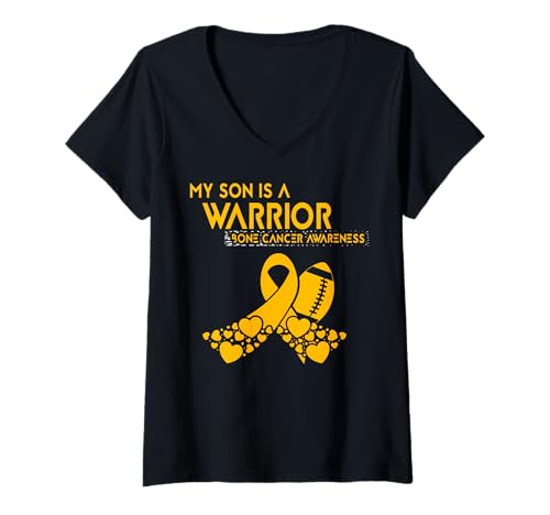 Damen Mein Sohn ist ein Krieger, Awareness für Knochenkrebs T-Shirt mit V-Ausschnitt von Bone Cancer Warrior Apparel Design Power