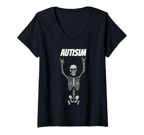 Damen Heavy Metal Skeleton Rocker Apparel Autisim Apparels Funny T-Shirt mit V-Ausschnitt von Bone Crusher Threads
