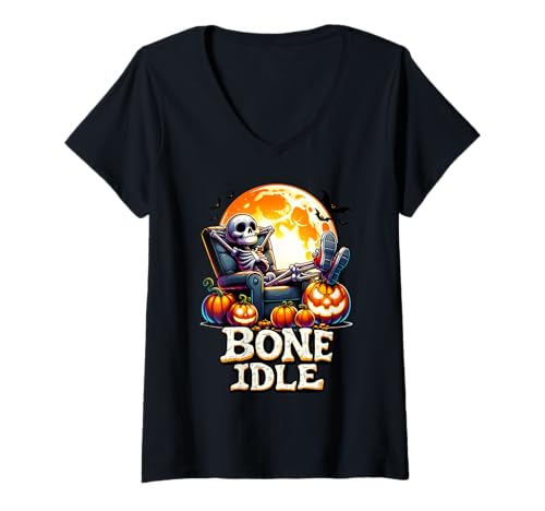 Damen Knochen Leerlauf Skelett Halloween Lazy Lustiges Wortspiel T-Shirt mit V-Ausschnitt Damen Knochen Leerlauf Skelett Halloween Lazy Lustiges Wortspiel T-Shirt mit V-Ausschnitt von Bone Idle Halloween Skeleton Humor