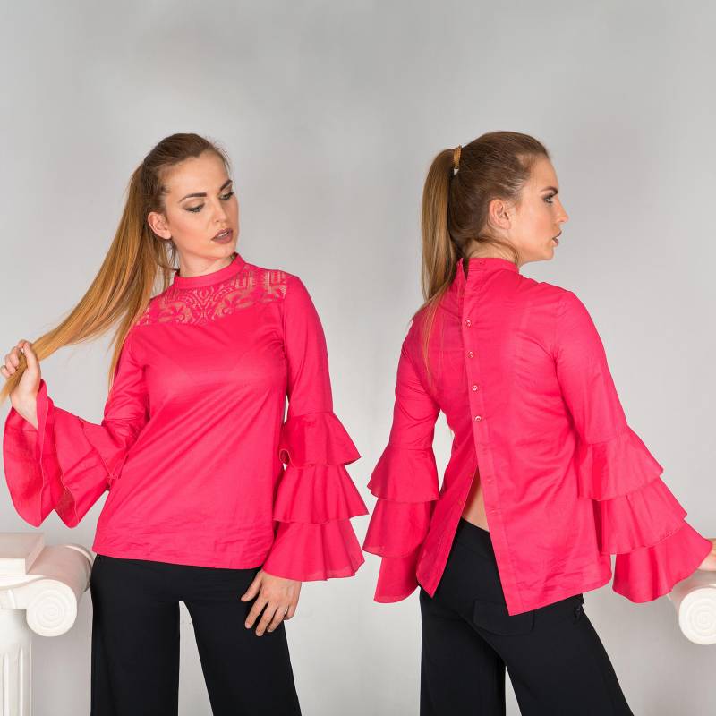 Damenmode Hemd, Extravagantes Fuchsia 3 Rüschenärmel Hinterknöpfe Spitzenkombinationshemd, Bonellilux von BonelliFashion