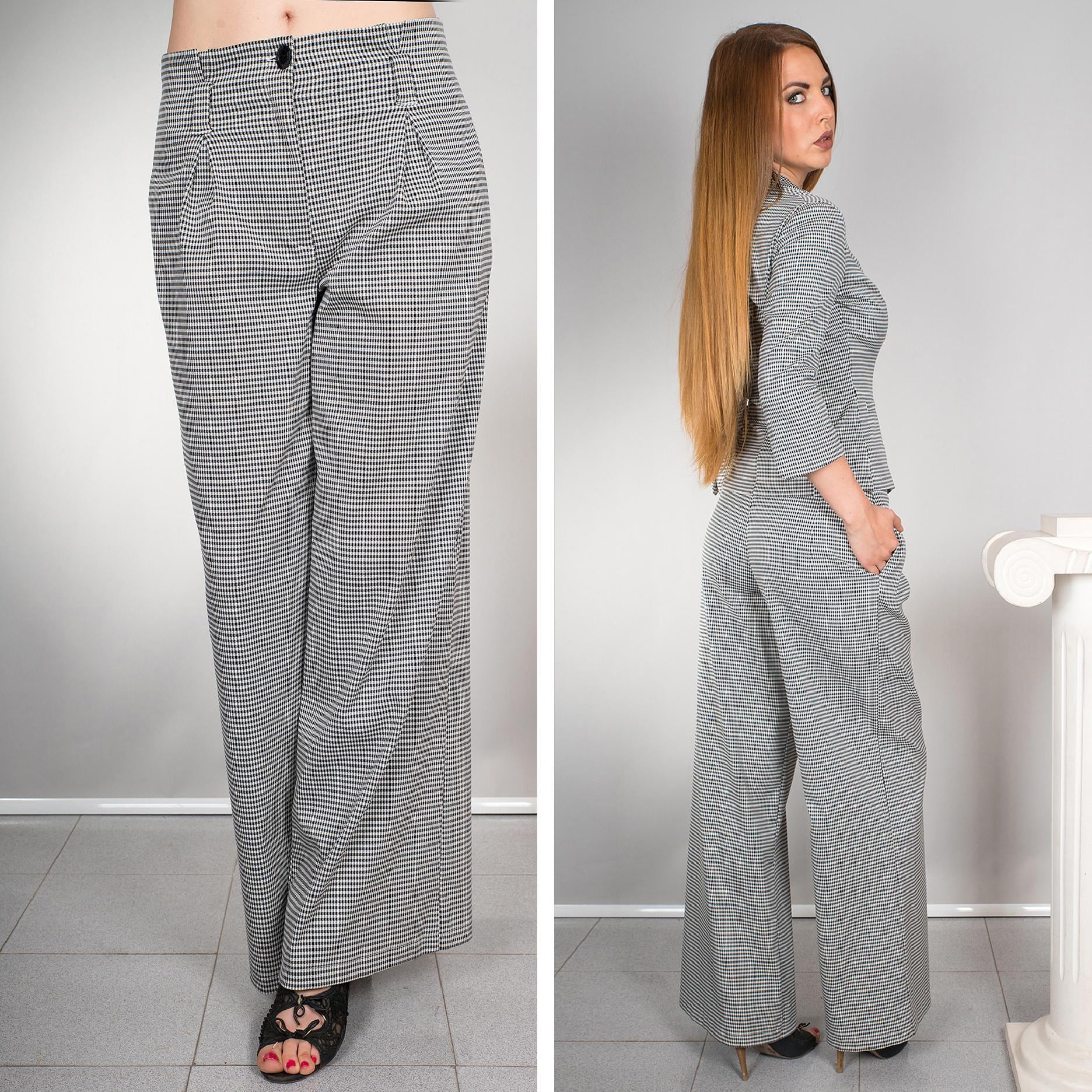 Hahnentritt-Textur Hoch Taillierte Palazzo-Hose, Hose Mit Weitem Bein, Hohe Taille Falten Auf Der Vorderseite, Seitentaschen, Bonellilux von BonelliFashion
