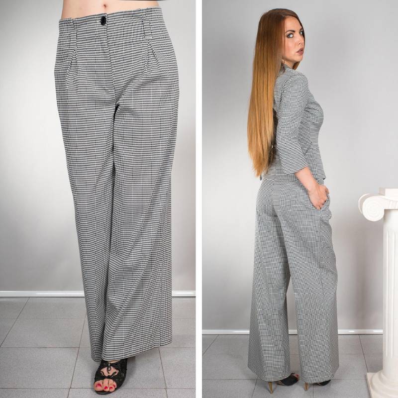 Hahnentritt-Textur Hoch Taillierte Palazzo-Hose, Hose Mit Weitem Bein, Hohe Taille Falten Auf Der Vorderseite, Seitentaschen, Bonellilux von BonelliFashion
