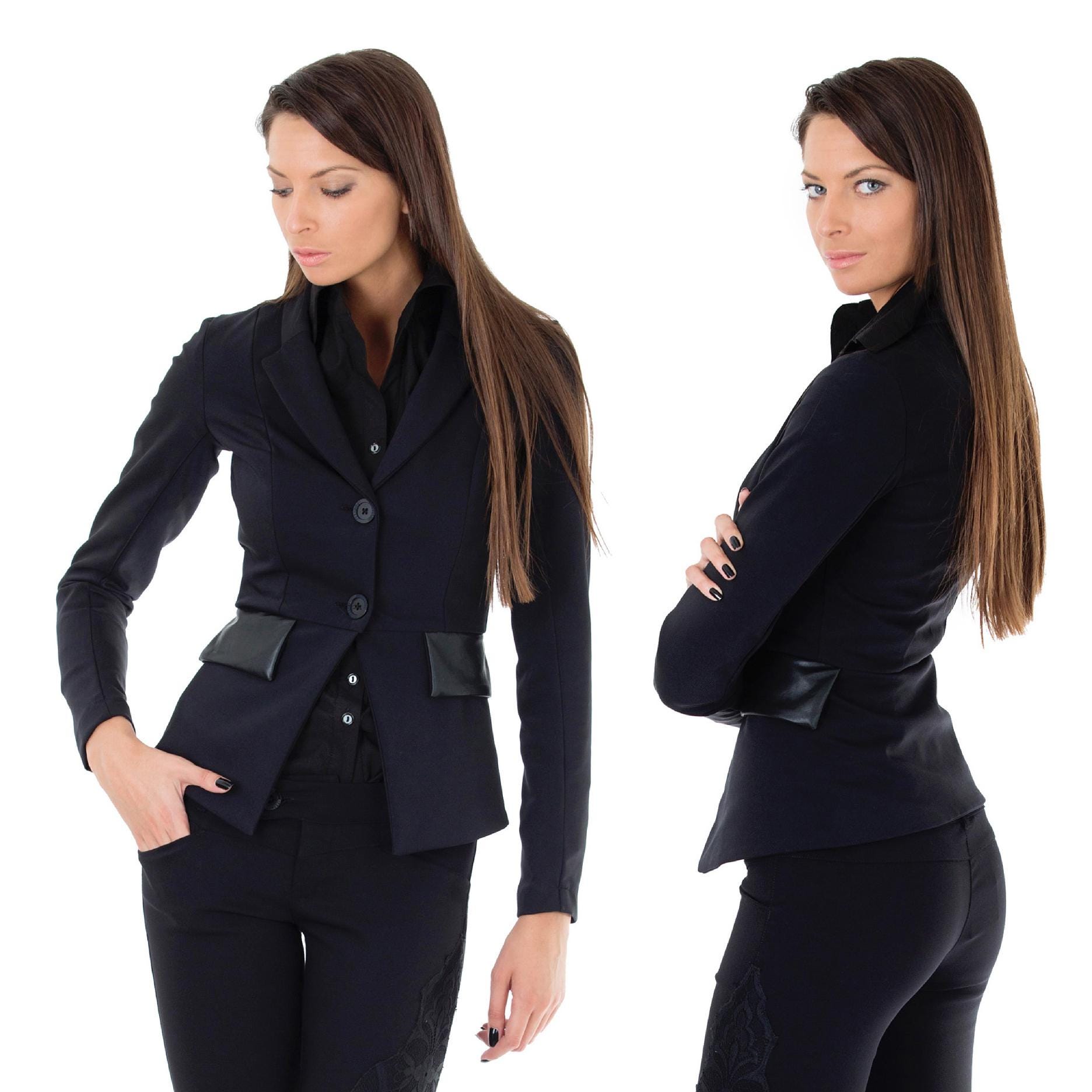 Stretch-Blazer Leder Kombiniert, Lederfarbe Und Klappen, Einreiher, Cut-Taillen-Blazer, Ladyes Ussines Stilvoller Blazer, Bonellilux von BonelliFashion