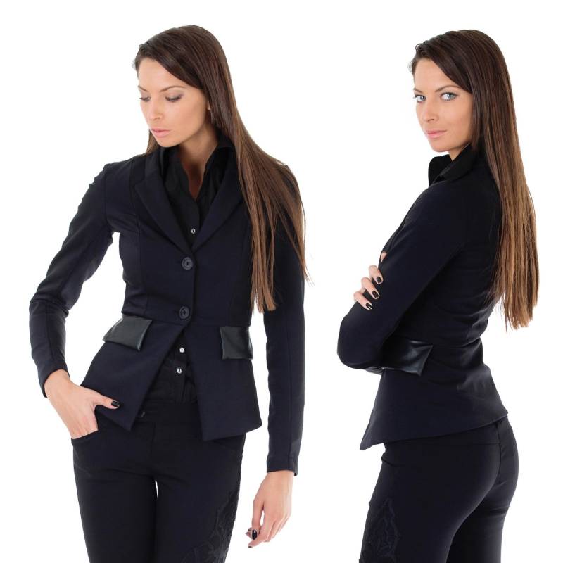 Stretch-Blazer Leder Kombiniert, Lederfarbe Und Klappen, Einreiher, Cut-Taillen-Blazer, Ladyes Ussines Stilvoller Blazer, Bonellilux von BonelliFashion