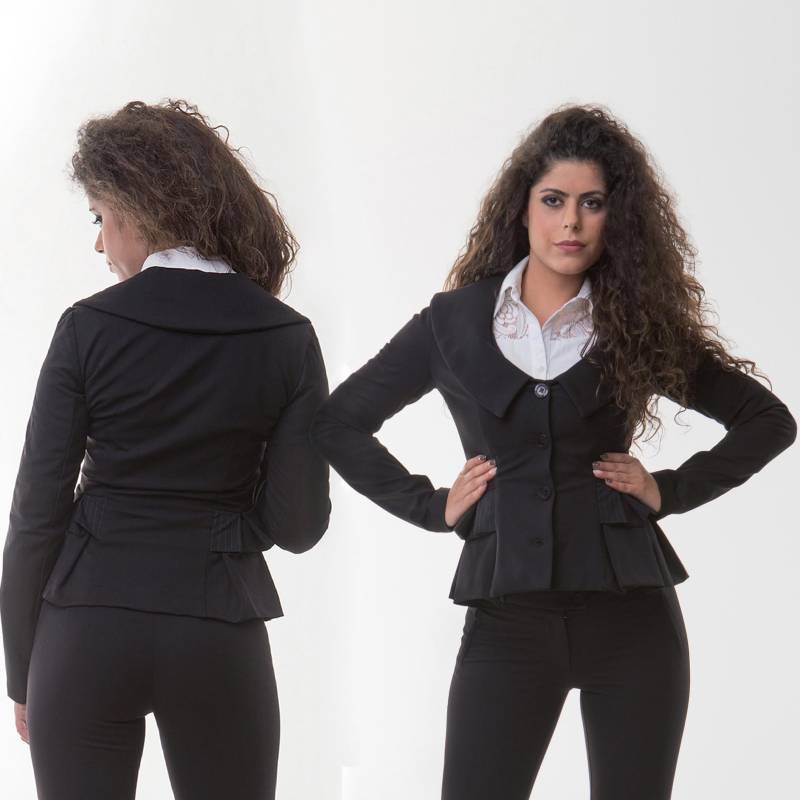 stretch Plissee Schößchen Blazer, Gestreifte Kombination, Offener Halsausschnitt Mit Großem Kragen, Taille Details, Single Geknöpft, Bonelli Lux von BonelliFashion