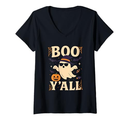 Damen Boo Yall Süßes freundliches Geister-Halloween-Design T-Shirt mit V-Ausschnitt von Bones to Blooms Halloween & Day of the Dead Art