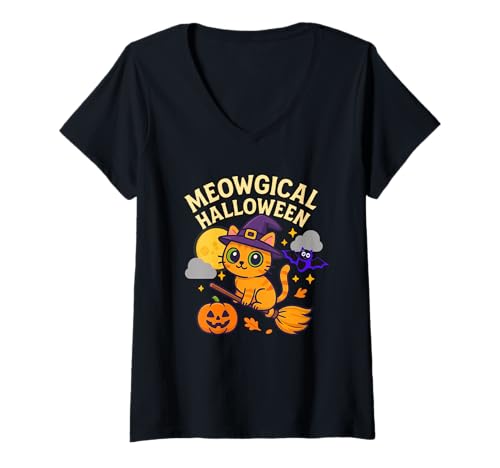Damen Meowgical Halloween Hexenkatze mit Kürbis und Fledermaus T-Shirt mit V-Ausschnitt von Bones to Blooms Halloween & Day of the Dead Art