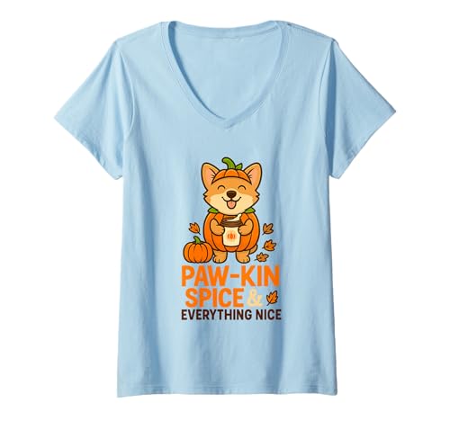 Damen Pawkin Spice and Everything Nice Dog Halloween T-Shirt mit V-Ausschnitt von Bones to Blooms Halloween & Day of the Dead Art