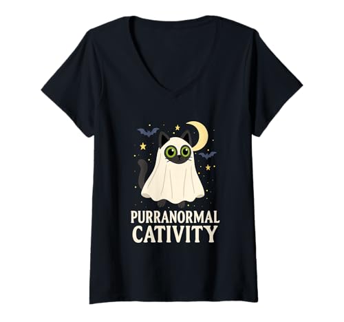 Damen Purranormal Cativity Schwarze Katze im Halloween-Kostüm T-Shirt mit V-Ausschnitt von Bones to Blooms Halloween & Day of the Dead Art