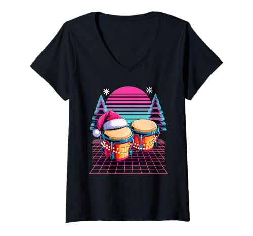 Damen Weihnachten Synthwave Bongo Spieler Bongos T-Shirt mit V-Ausschnitt von Bongos Drum Gift For A Bongo Player
