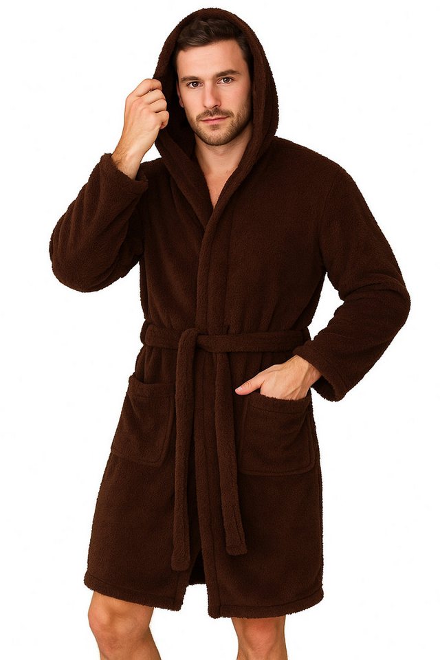 Bongual Herrenbademantel Saunamantel Flausch Morgenmantel, Kapuze, Gürtel von Bongual