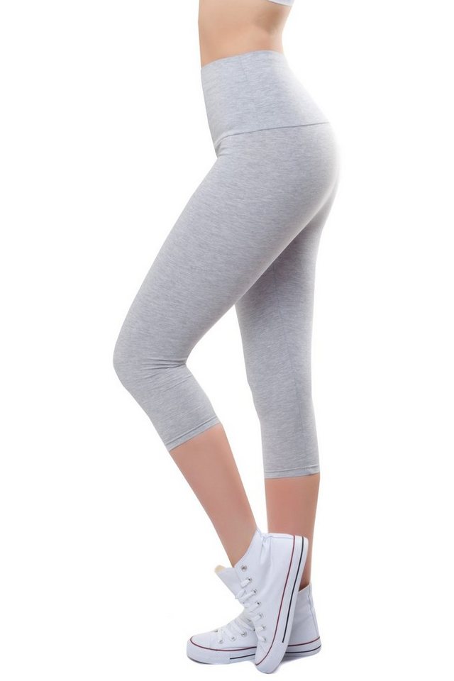 Bongual Highwaist Leggings Damen 3/4 Leggins hoher Bund Capri-Leggings aus Baumwolle-mix Grau hochtailliert von Bongual