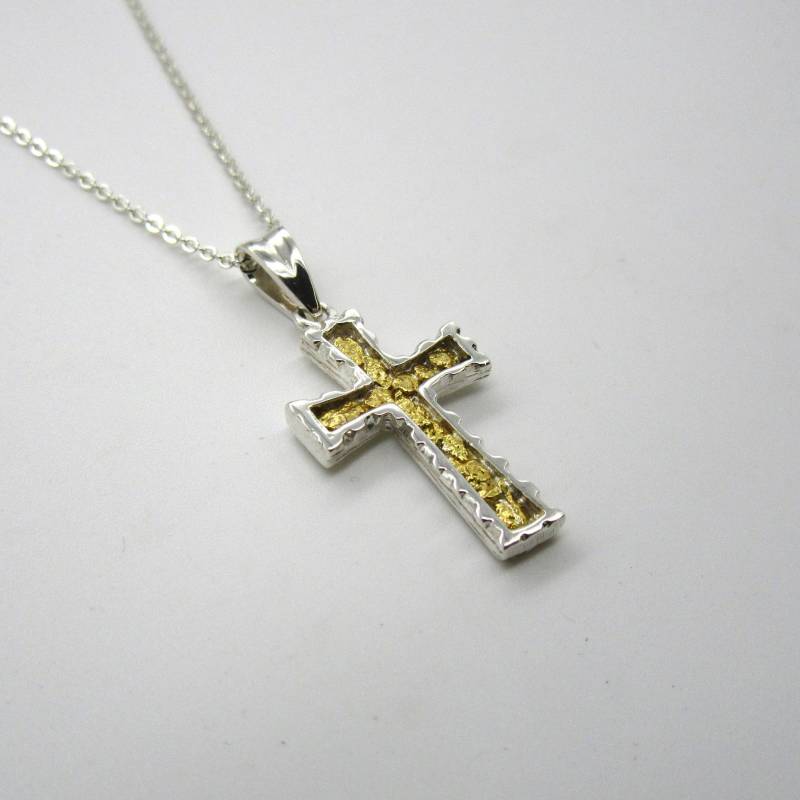 Kanal Inlay Kreuz - Nugget Gold Anhänger Silber von BonitaRoseJewelry