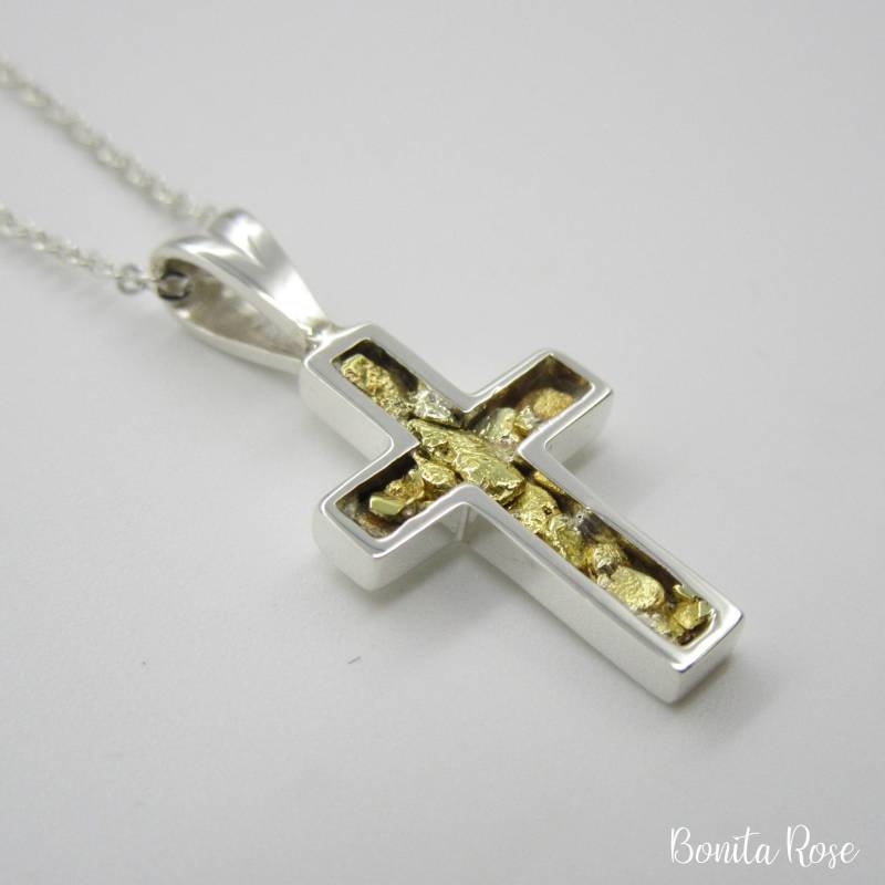 Nugget Cross - Kanal Inlay Kreuz Geschenk Idee Anhänger Kleiner Simplecross Zierliches Gold von BonitaRoseJewelry