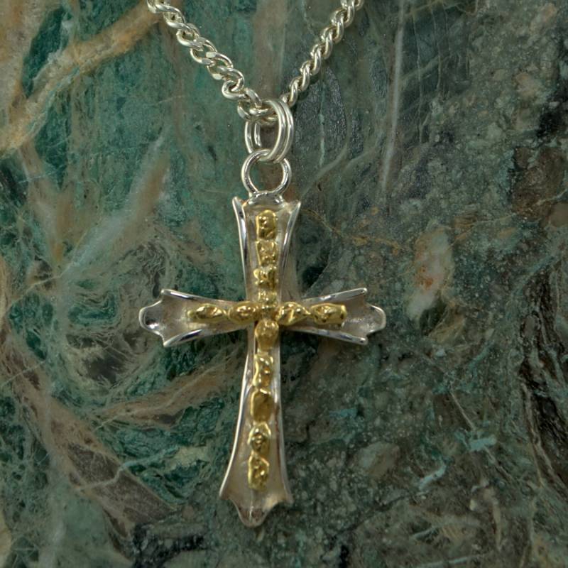 Nugget Kreuz, Goldnugget Kreuz Anhänger, Stil Silber Handgefertigter Kanal Inlay von BonitaRoseJewelry
