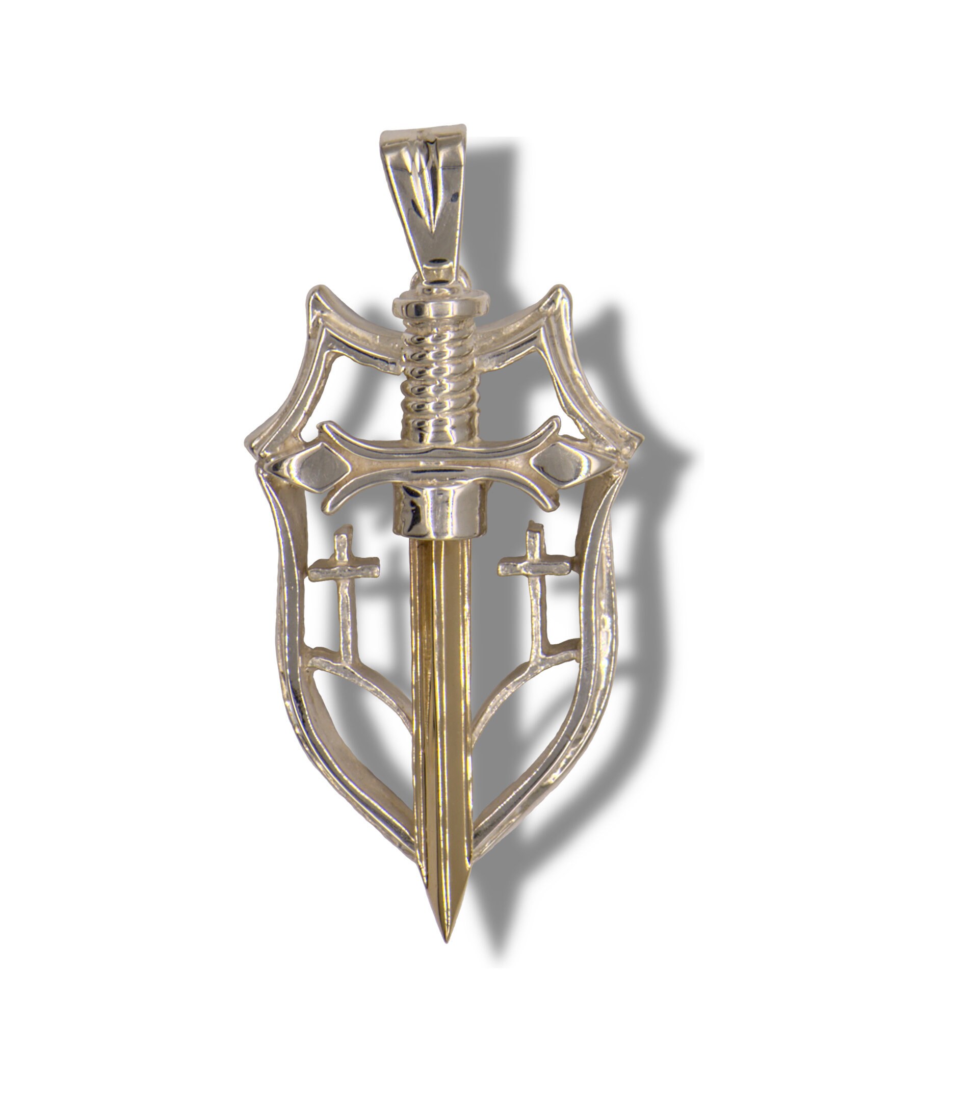 Schwert Kreuz Anhänger, Gold Und Schild, Silber Schild Mit Schwertern von BonitaRoseJewelry