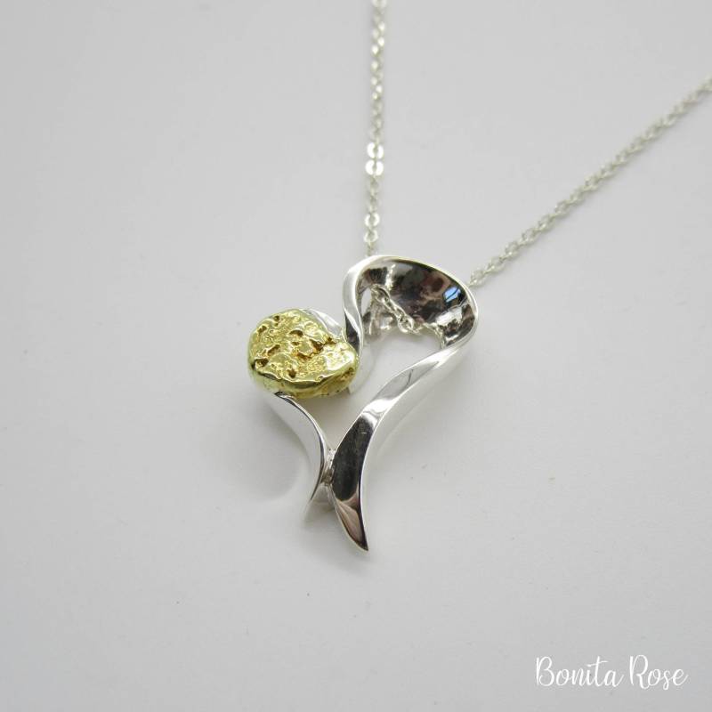 Valentine Goldherz - Offenes Herz Halskette Nugget Offener Anhänger Schlichter Kleines Silberherz von BonitaRoseJewelry