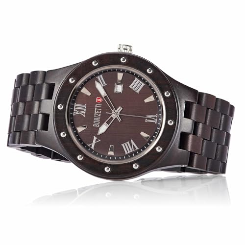 Bonizetti Herrenuhr Matterhorn Armbanduhr mit Armband aus Holz Schwarz 4,5cm Durchmesser Holzuhr, Holzarmband von Bonizetti