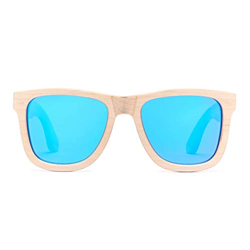 Bonizetti Herren Sonnenbrille Bambus Weiß Glasfarbe blau MIAMI - 143mm Männer, Sunglasses, Sommer Accessoires, Naturmaterialien von Bonizetti