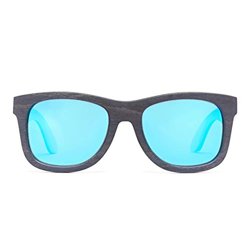 Bonizetti Herren Sonnenbrille Bambus Grau Glasfarbe blau SANMARINO - 143mm Männer, Sunglasses, Sommer Accessoires, Naturmaterialien von Bonizetti