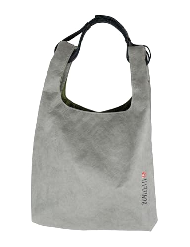 Bonizetti Damentasche DARLING - Handtasche aus Kraftpapier Tragegriff aus echtem Leder Grau 28,5 x 12 x 45cm (LxBxH) Schultertasche, geräumig, Shopper, Henkeltasche, Trägertasche von Bonizetti